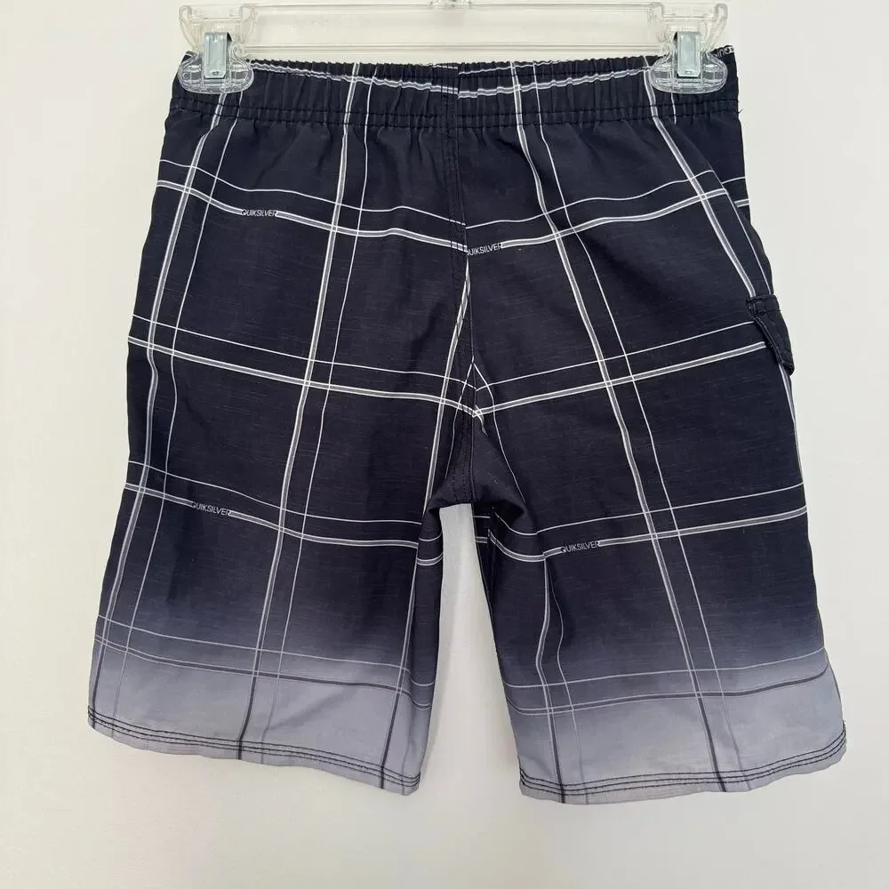 Quiksilver Board Shorts Featuring a Black and White Plaid Design